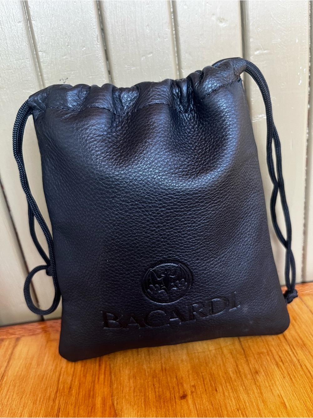 Bacardi Rum Promotional Black Leather Drawstring lined Pouch